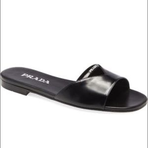 Prada Leather Logo Flat Slide Sandals